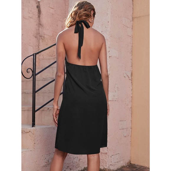Boho Tie Backless Wrap Halter tank Dress black - Picture 2 of 11